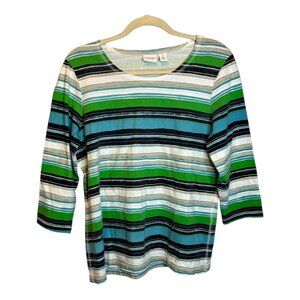 Chico's Blouse Women's Size Large Weekends Stripes Green‎ Blue White Chicos 2